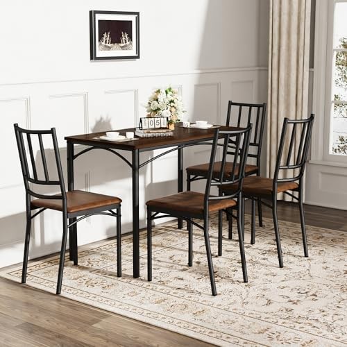 GDFStudio 43.3" Dining Table Set with 4 Chairs, Industrial Kitchen Bar Walnut