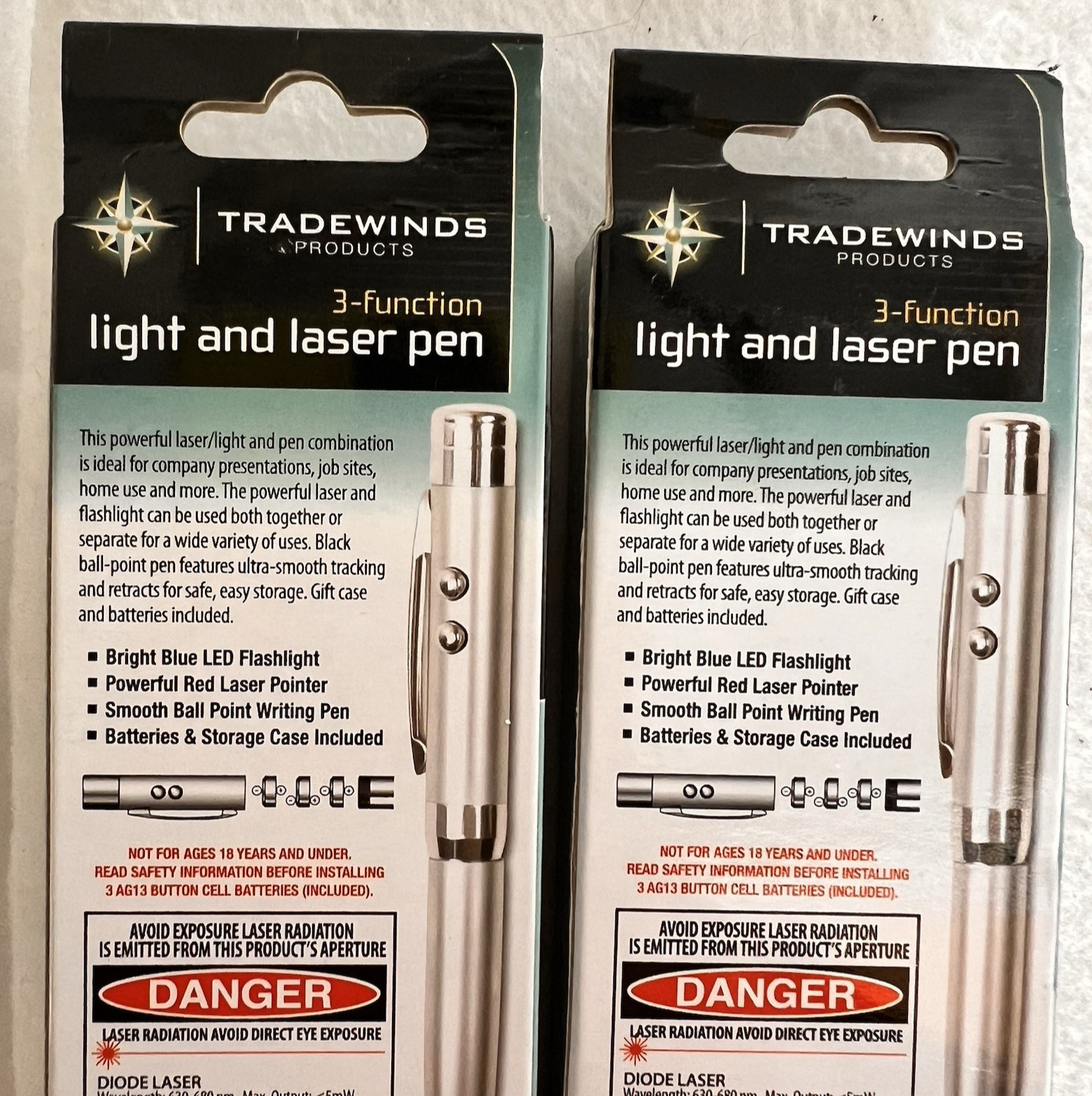 "Tradewinds"- Laser/Flash Light /Pens-3 Function Combo TWO EACH PENS- BRAND NEW
