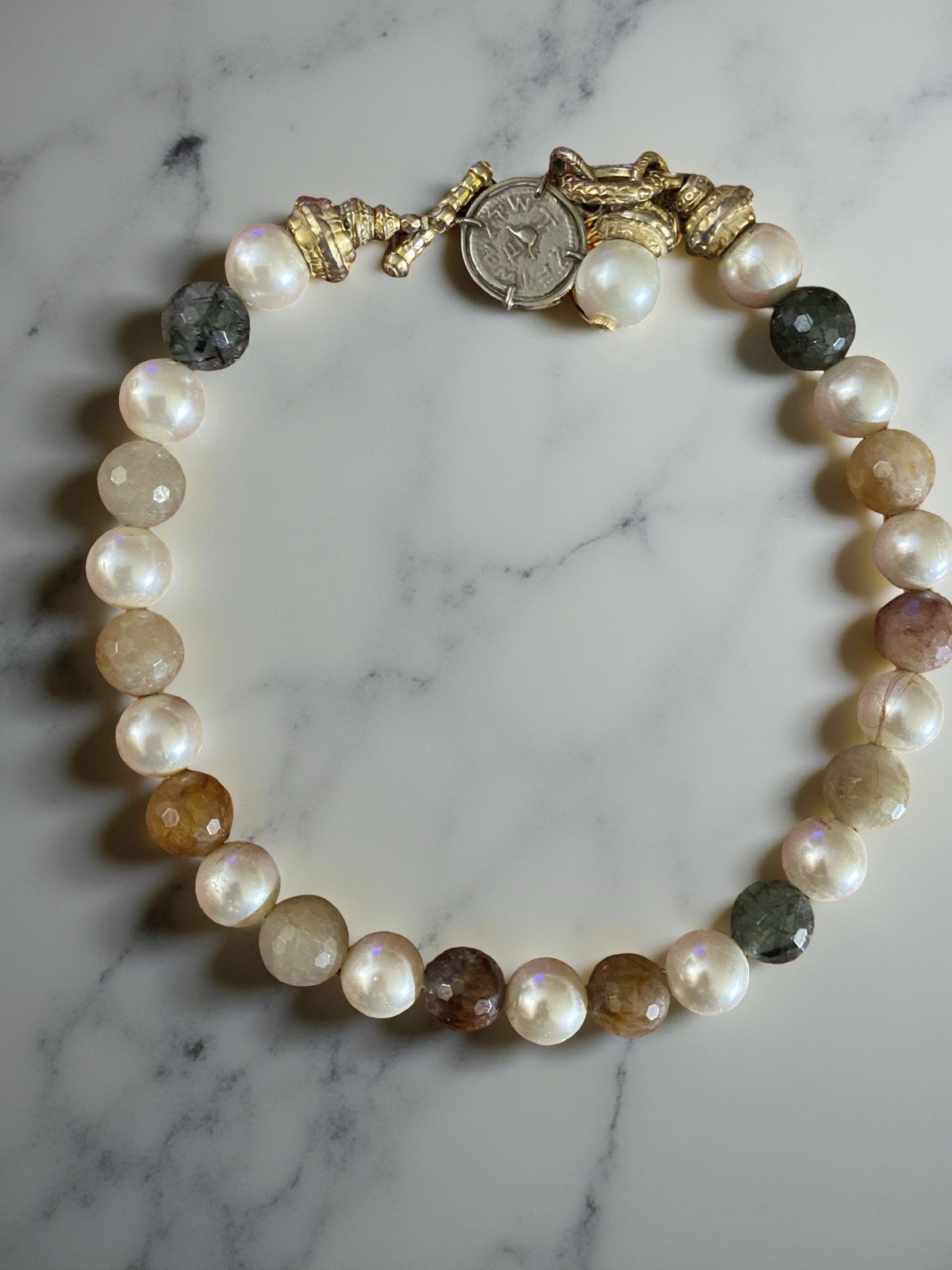 Pearl and gemstone bracelet with coin charm by Shy Violet