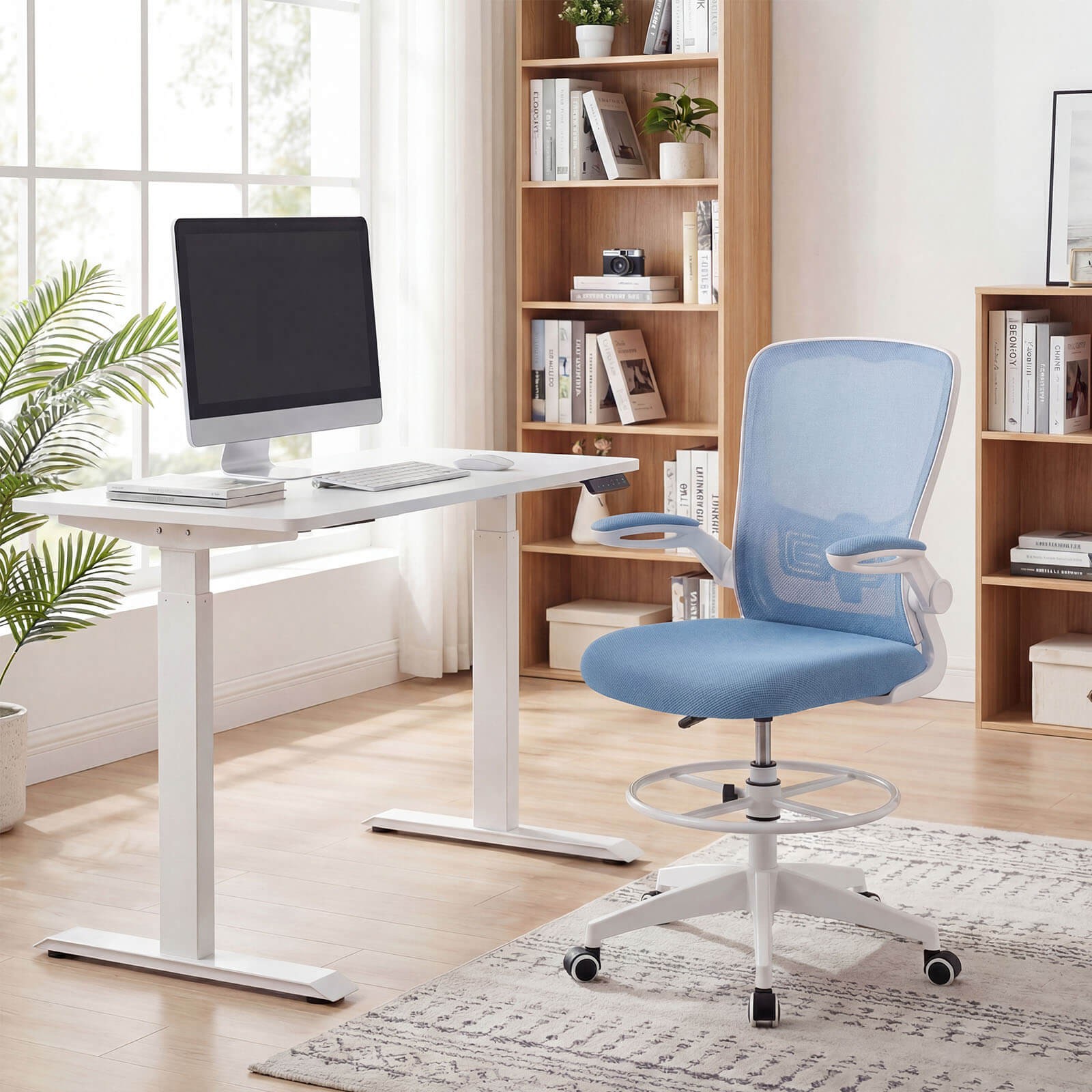 Home Office Drafting Chair w/Flip-Up Armrests Adjustable Footrest Ring for Study