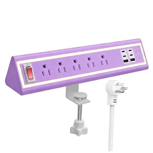 Desk Clamp Power Strip with Nightlight, 40W 5 Outlets & 6 USB Ports Purple