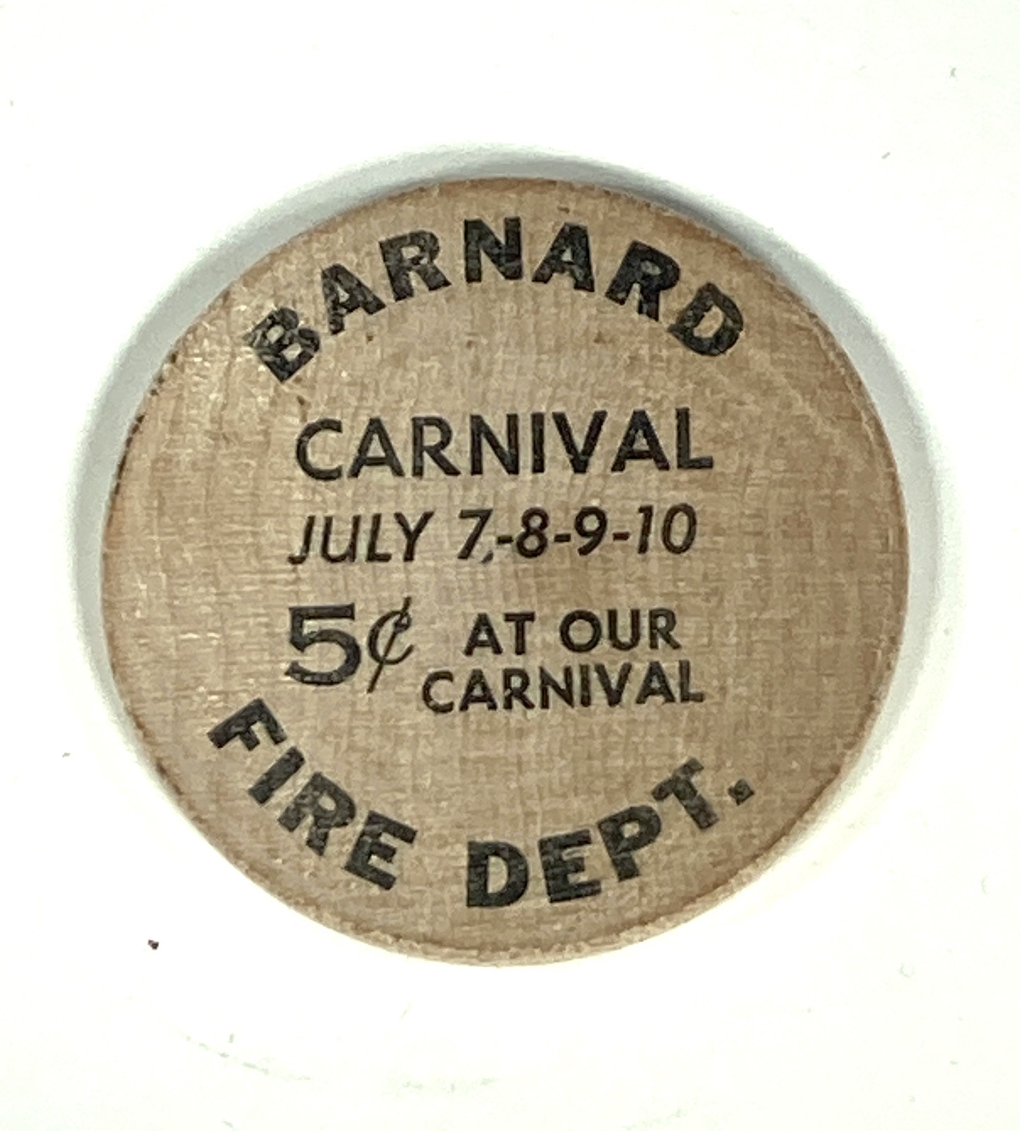 Barnard New York Fire Dept Carnival 5-cents Wooden Nickel