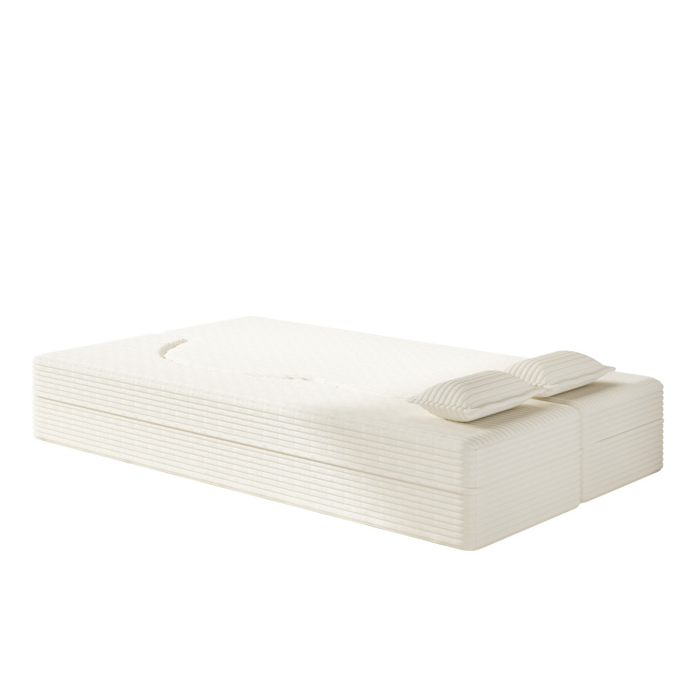 Twin Floor Sofa Bed w/Mattress, Corduroy Lounger & Pillows, Beige/White