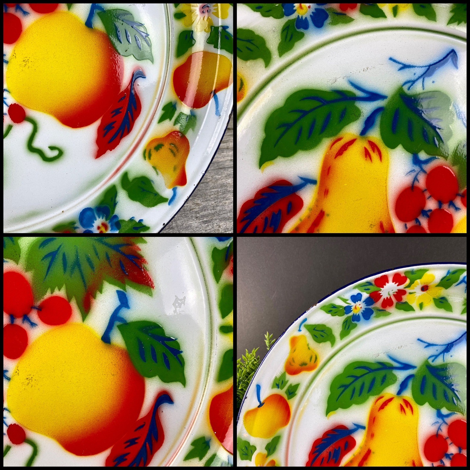 Rossini Enamelware Oversized Platter Fruit Graphics Round Tray Vibrant Colors