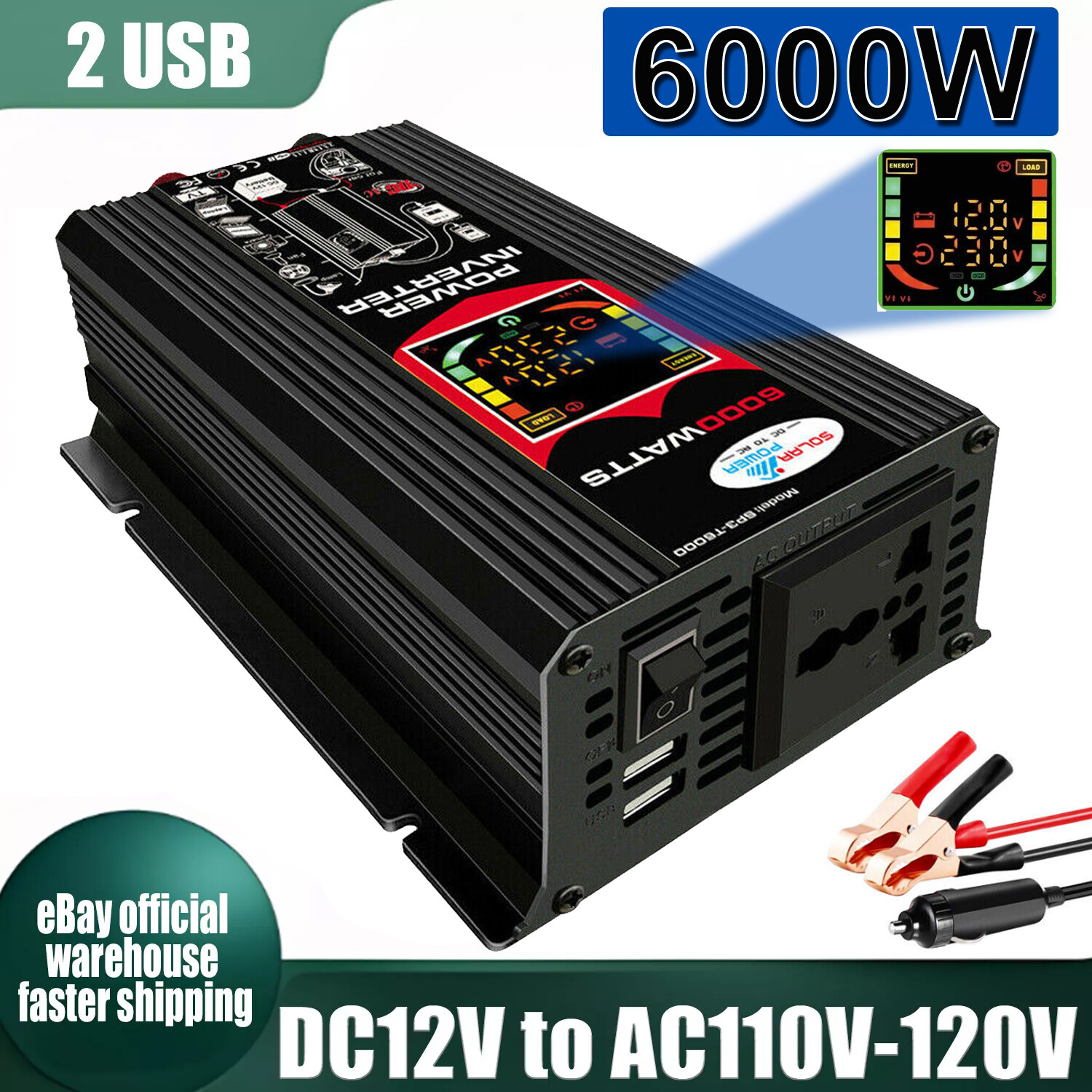 6000 Watt Power Inverter 12V DC to 110V AC Car Inverter with LCD Screen Display