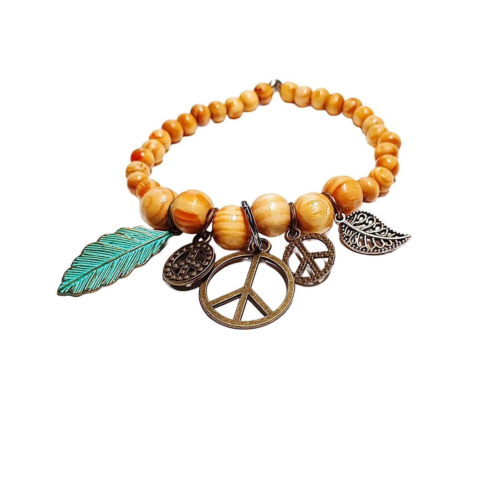 Fashionable Chic Wood Beaded Bracelet-Leaf and Peace Charm