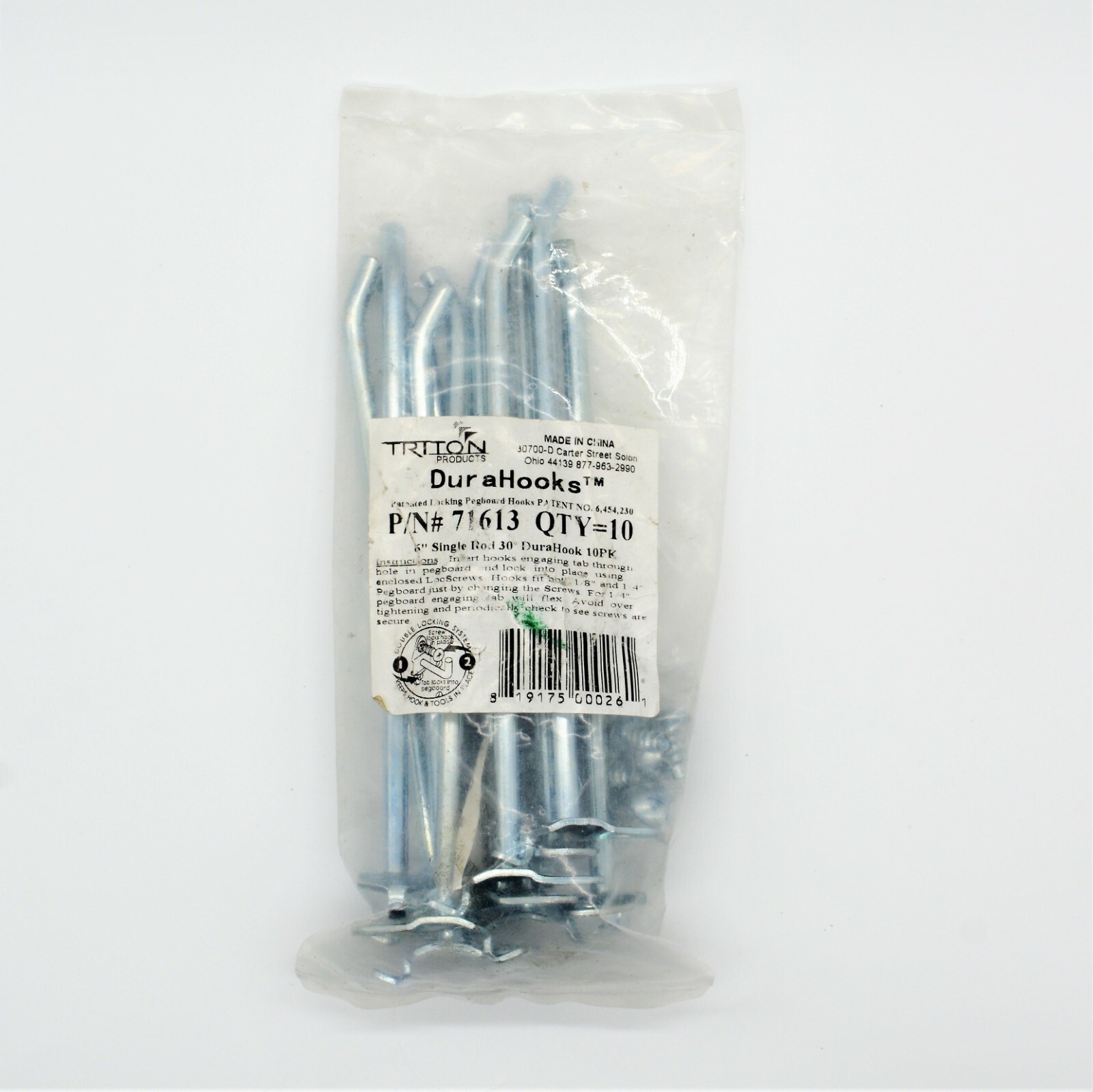Triton DuraHooks 71613 6" Single Rod 30 Degree 10 pack Fits 1/8 -1/4" Pegboard
