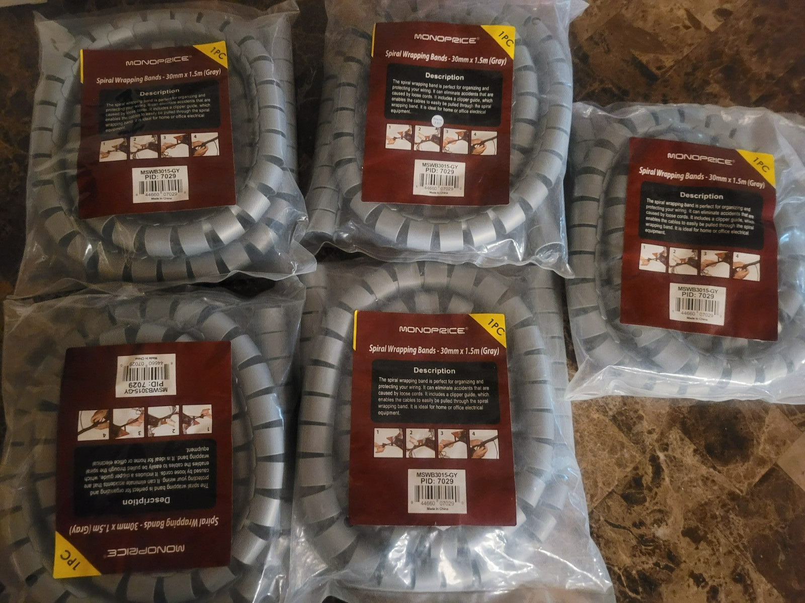 Monoprice Spiral Wrapping Bands Lot of 5 Brand New in Package - Gray - 30mmx1.5m
