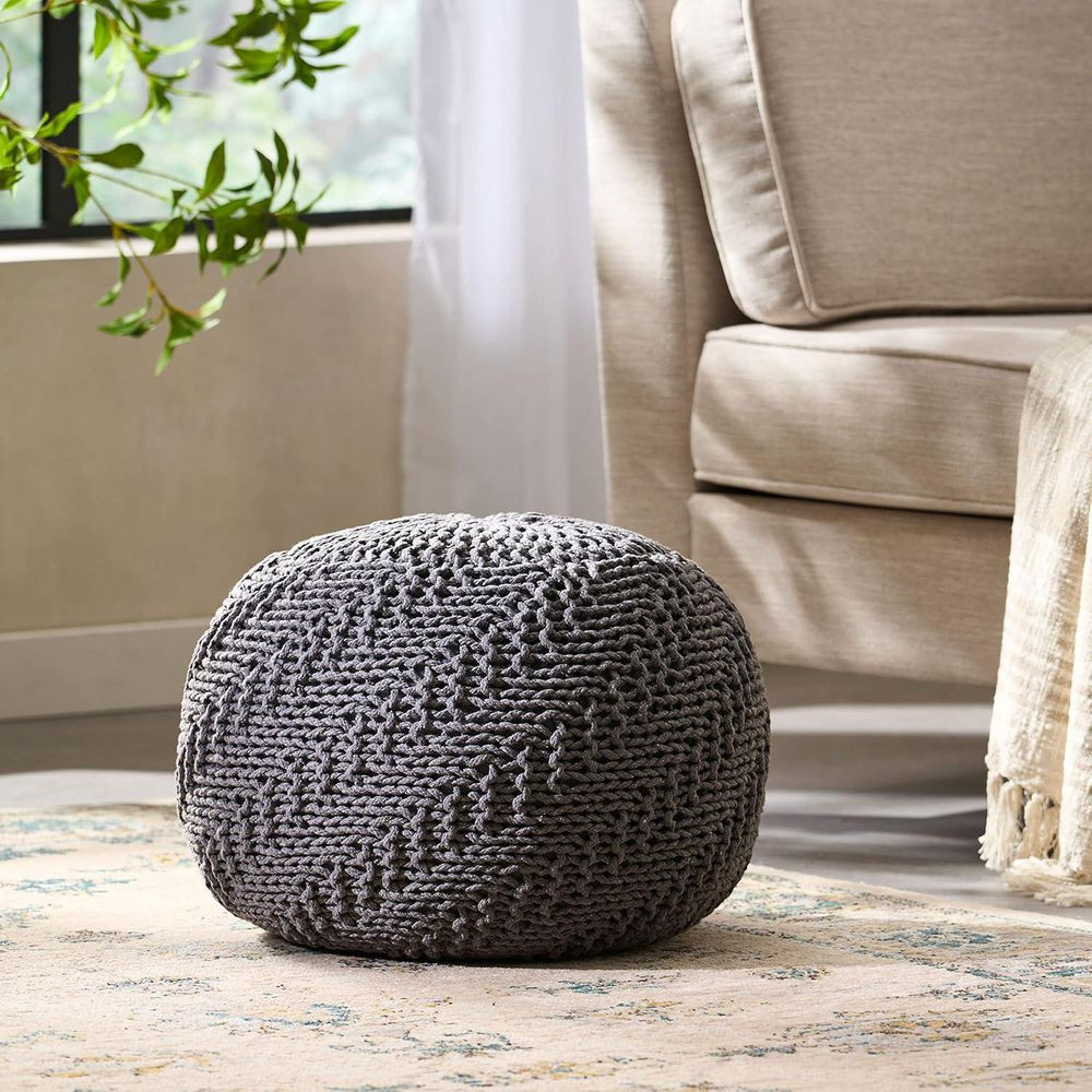 Dark Gray Cotton round Pouf with Knit Weave Cover for Seasonal Home Decor, Livin