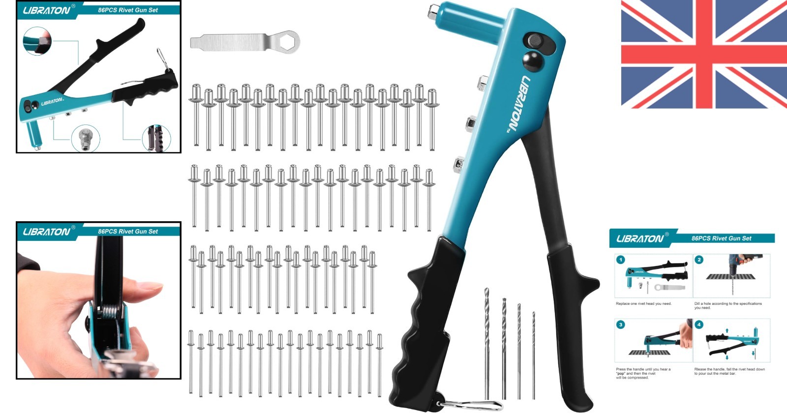 Lightweight Rivet Gun Kit - Professional Tool with 80 Metal Rivets & Drill Bits