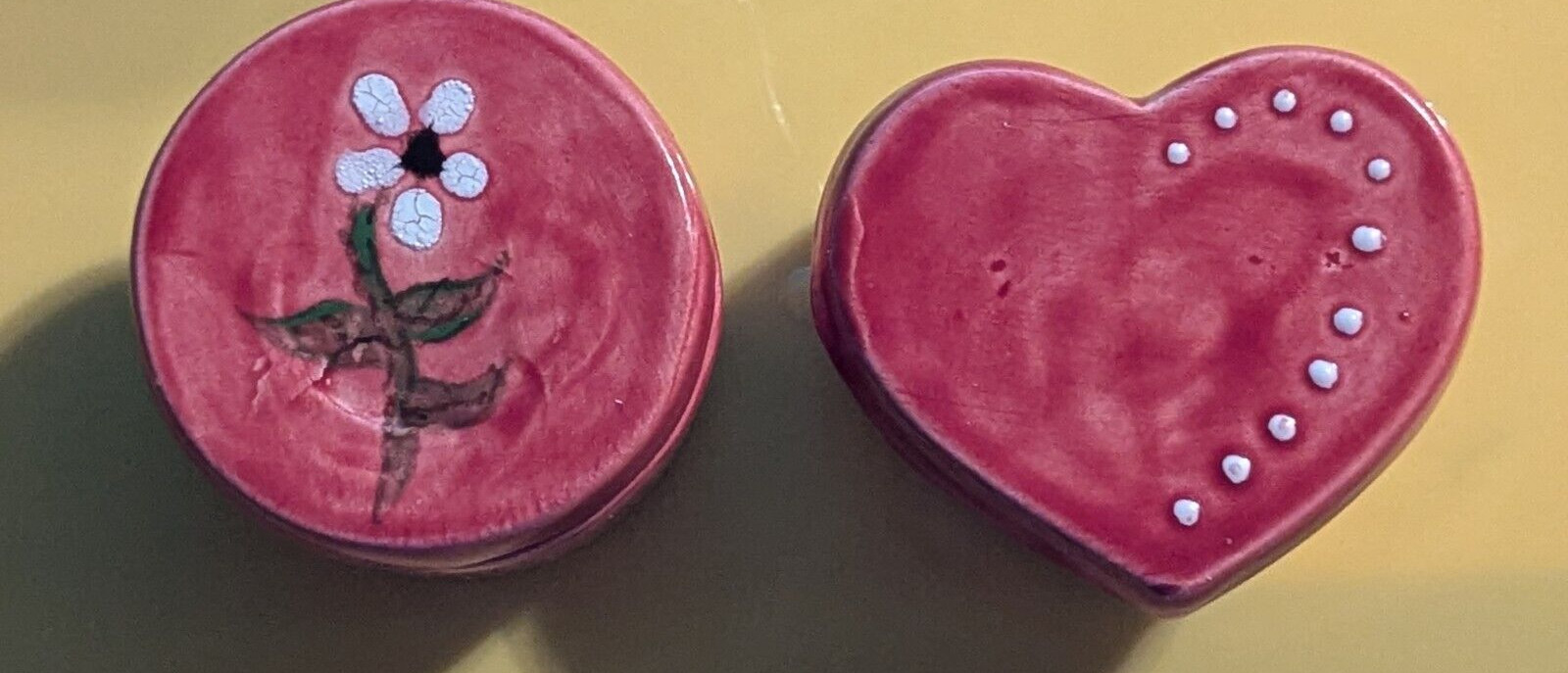 Set of Two (2) May Co. Ceramic Hand Painted Trinket Boxes Heart & Round