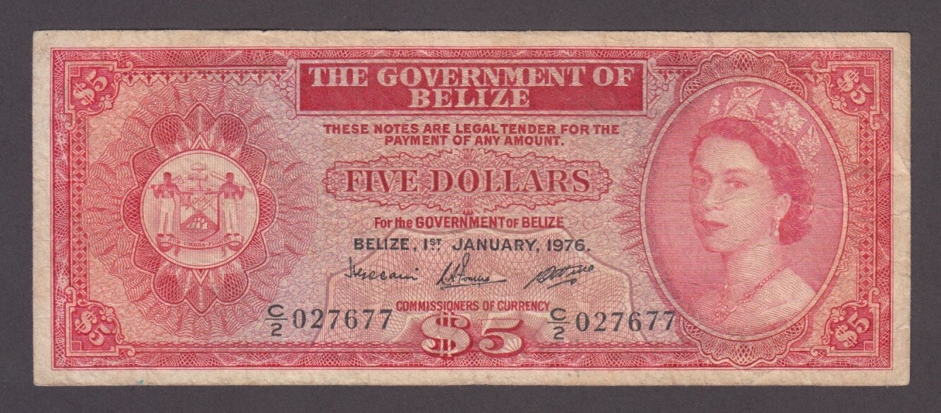 BELIZE P.35a- 7677 5 DILLARS 1.1.1976 PFX C/2 QE II  FINE WE COMBINE        2307