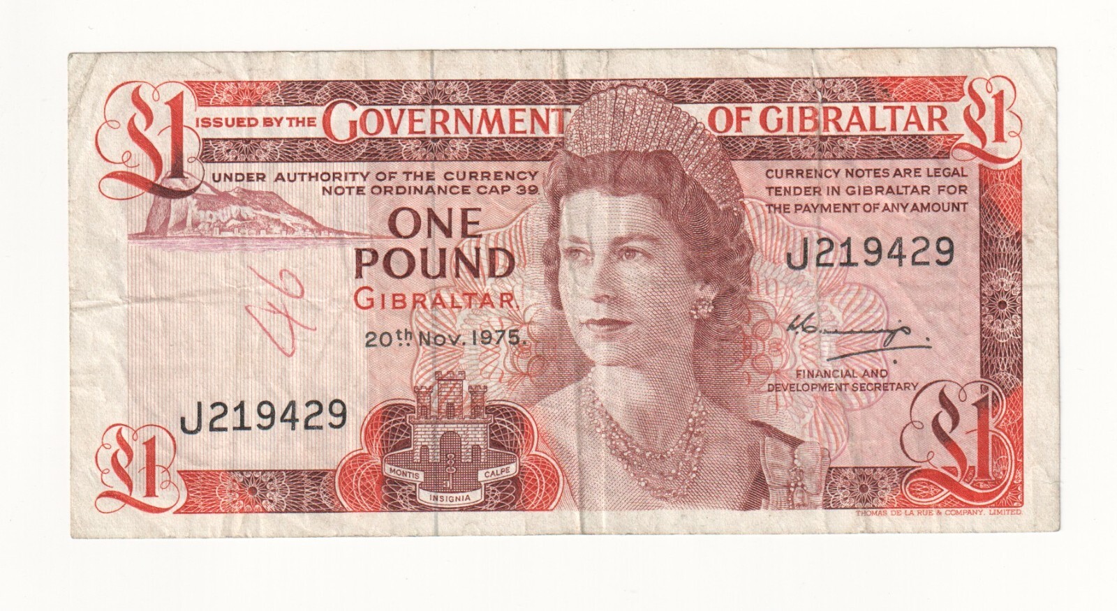 1975 Gibraltar 1 One Pound Banknote - P 20a - Fine - # 33836