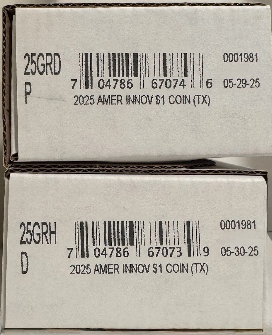 2 Rolls x25 TEXAS 2025 P&D American Innovation $1 Coin Rolls w SEALED MINT Boxes