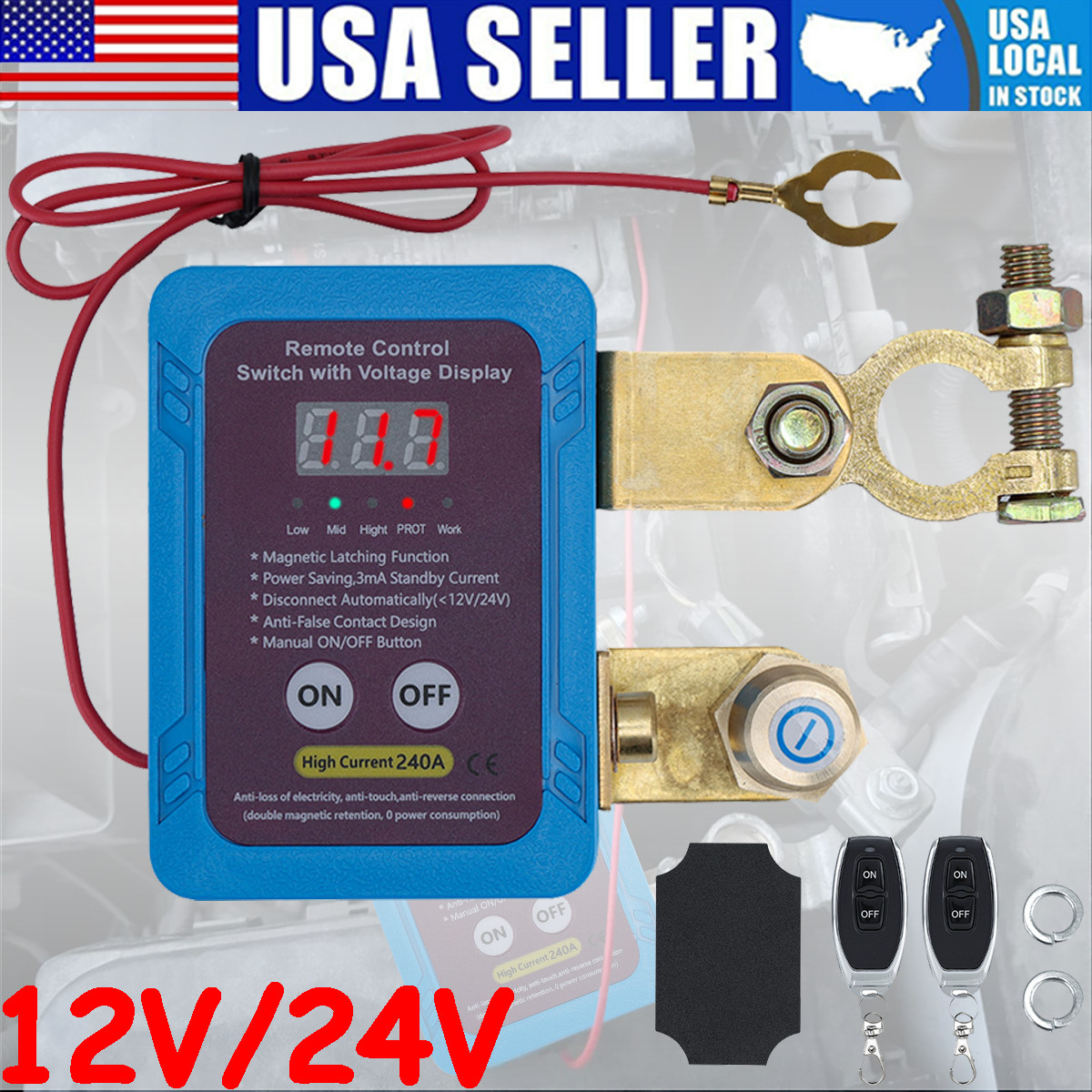 12V/24V Car Remote Battery Disconnect Kill Switch with LED Voltage Display 240A
