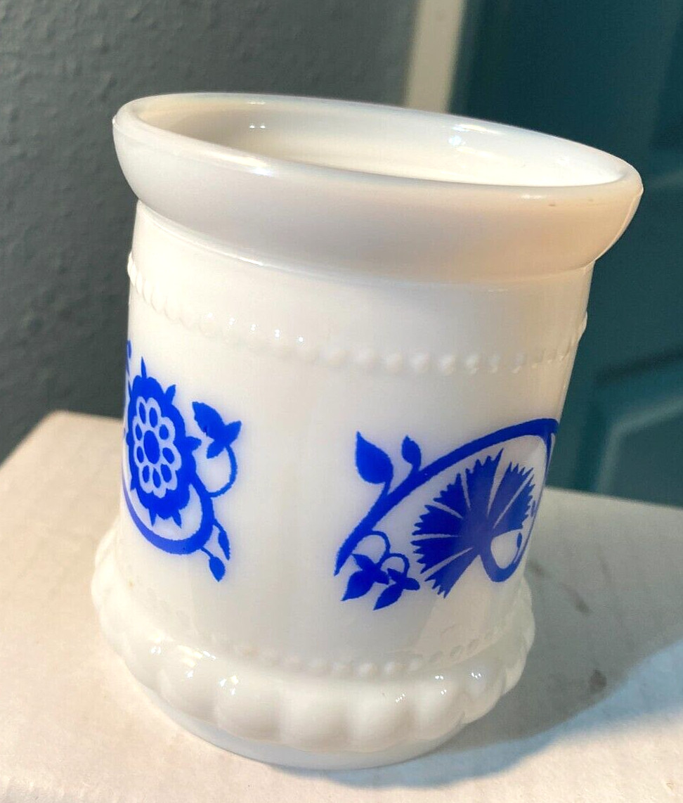 VTG Milk Glass Toothpick Holder/Jar-No Lid-Blue Cornflower Pattern-3" High-EUC