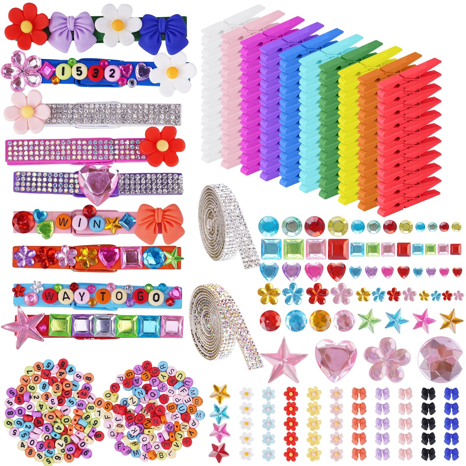 100PCS DIY Cheer Pin Decoration Kit with Wooden Clips, Mini Bows, Flowers, Gl...