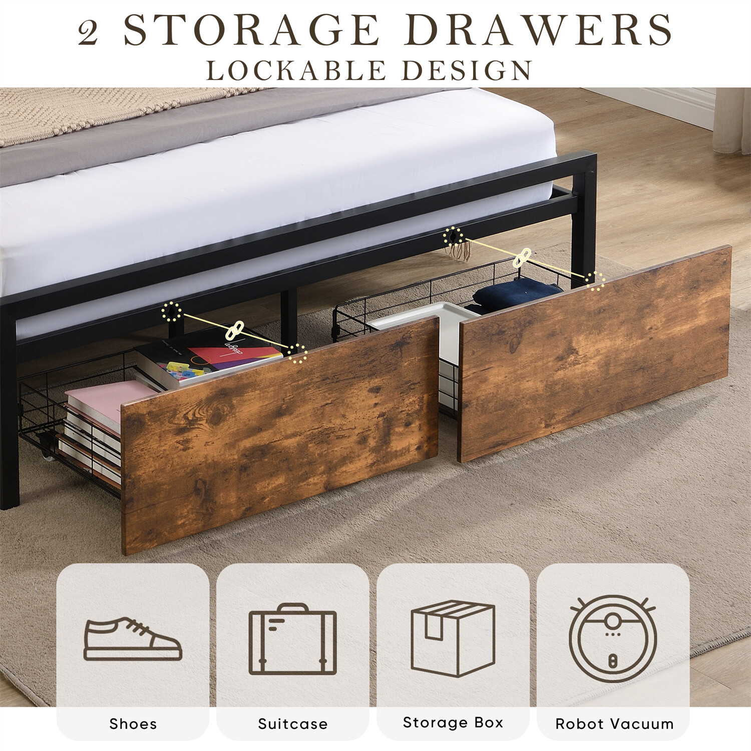 Full Size LED Bed Frame w/ Storage Headboard & 2 Drawers Metal Platform Bed