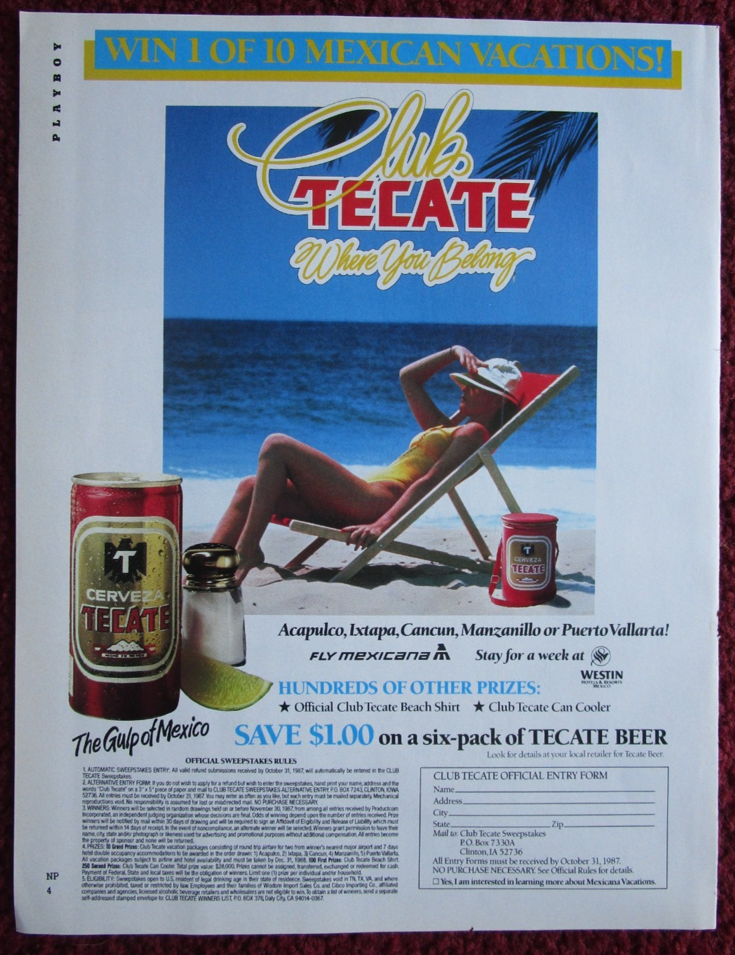 1987 TECATE Beer Print Ad ~ Sexy Girl Beach Lounger, Win A Club Med Vacation