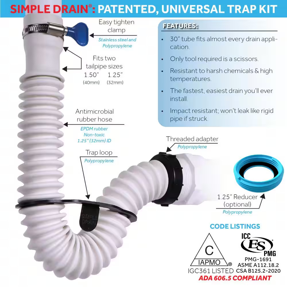 1.25 In. Rubber Threaded P-Trap Bathroom Single Sink Drain Kit