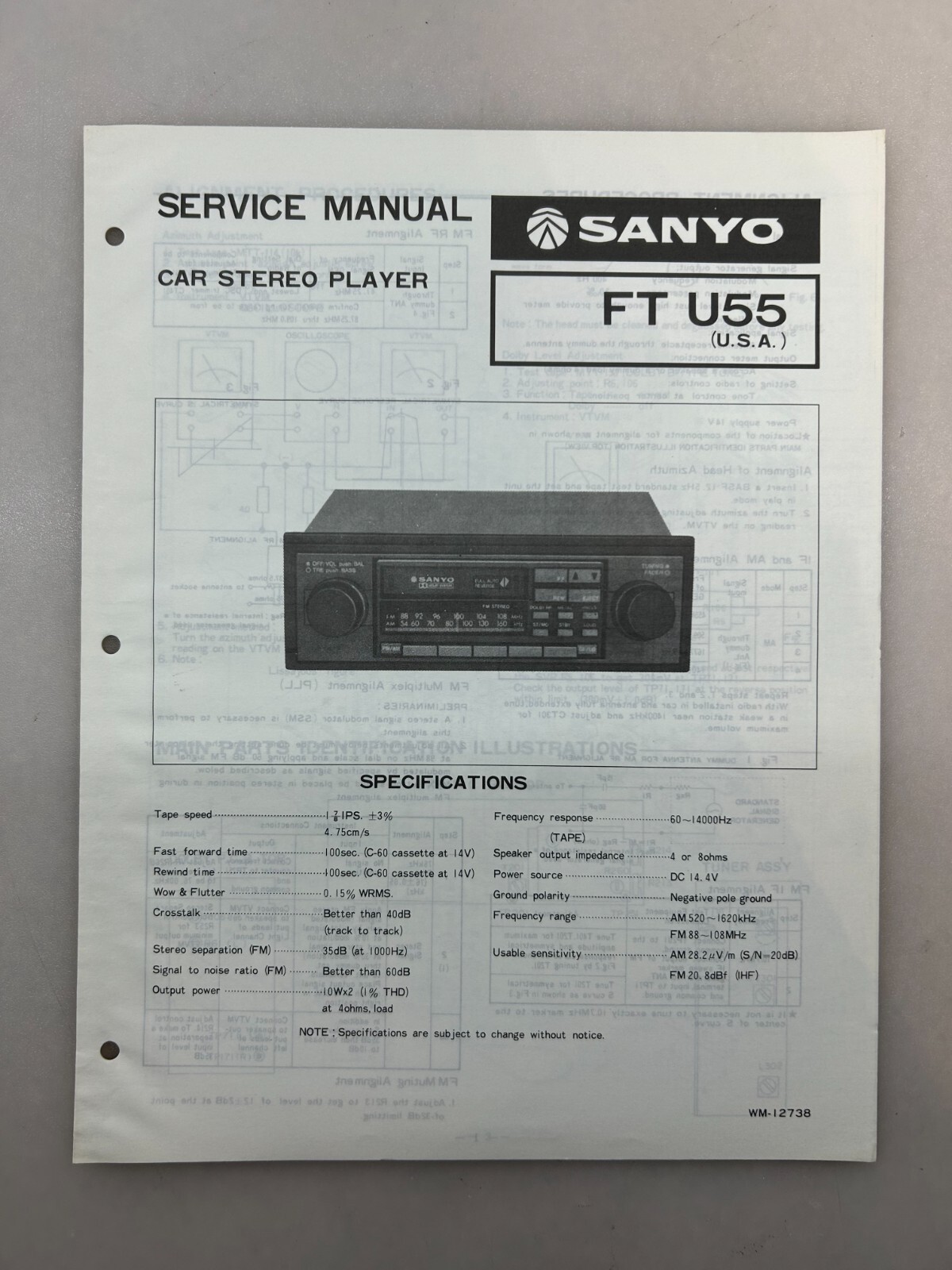 Sanyo FT U55 Original Service Manual Free Shipping