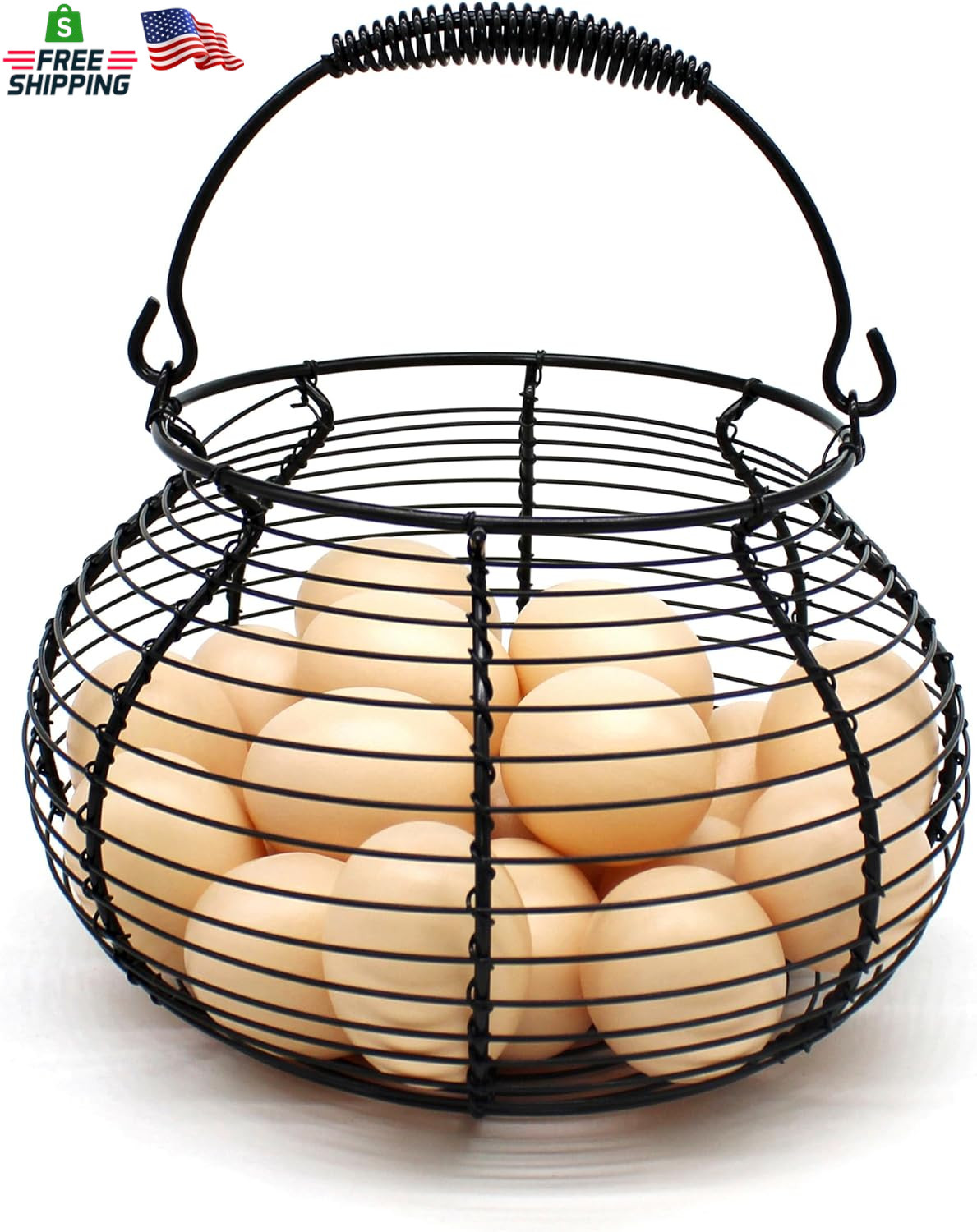 CVHOMEDECO. Elegant Wire Egg Basket with Swimming Handle Primitives Vintage Gath