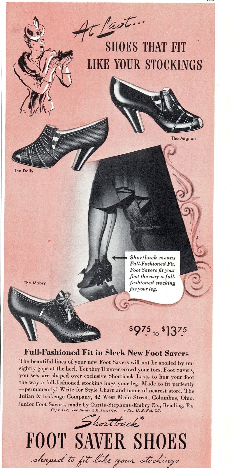 Vintage March 1940 Print Ad Shortback Foot Saver Shoes 1940s 5 1/8" x 10 1/4"