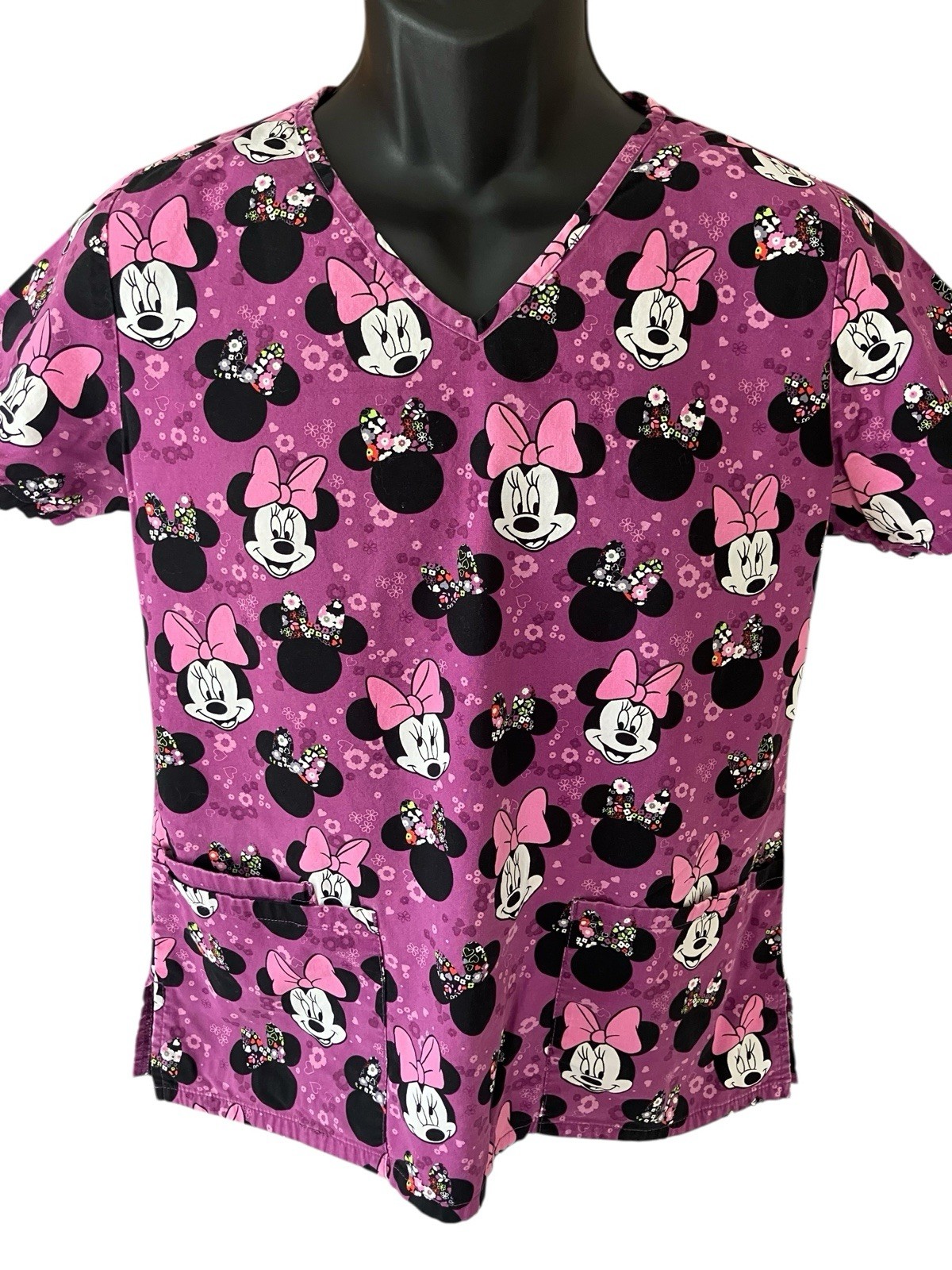 Disney Scrub Top Women's Small Purple Minnie Mouse Head Bowtie V-Neck SS