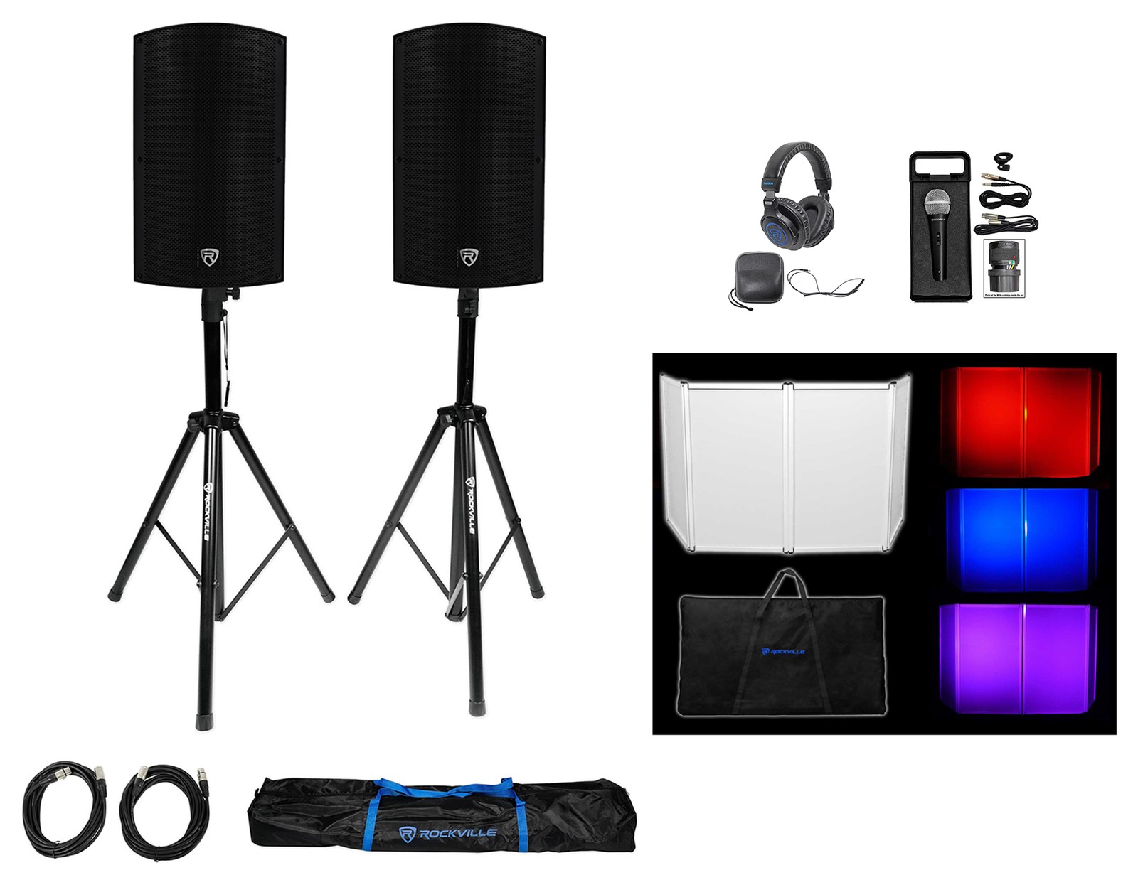 DJ Package w/(2) Rockville TITAN15 v2 15" Speakers+Facade+Stands+Headphones+Mic