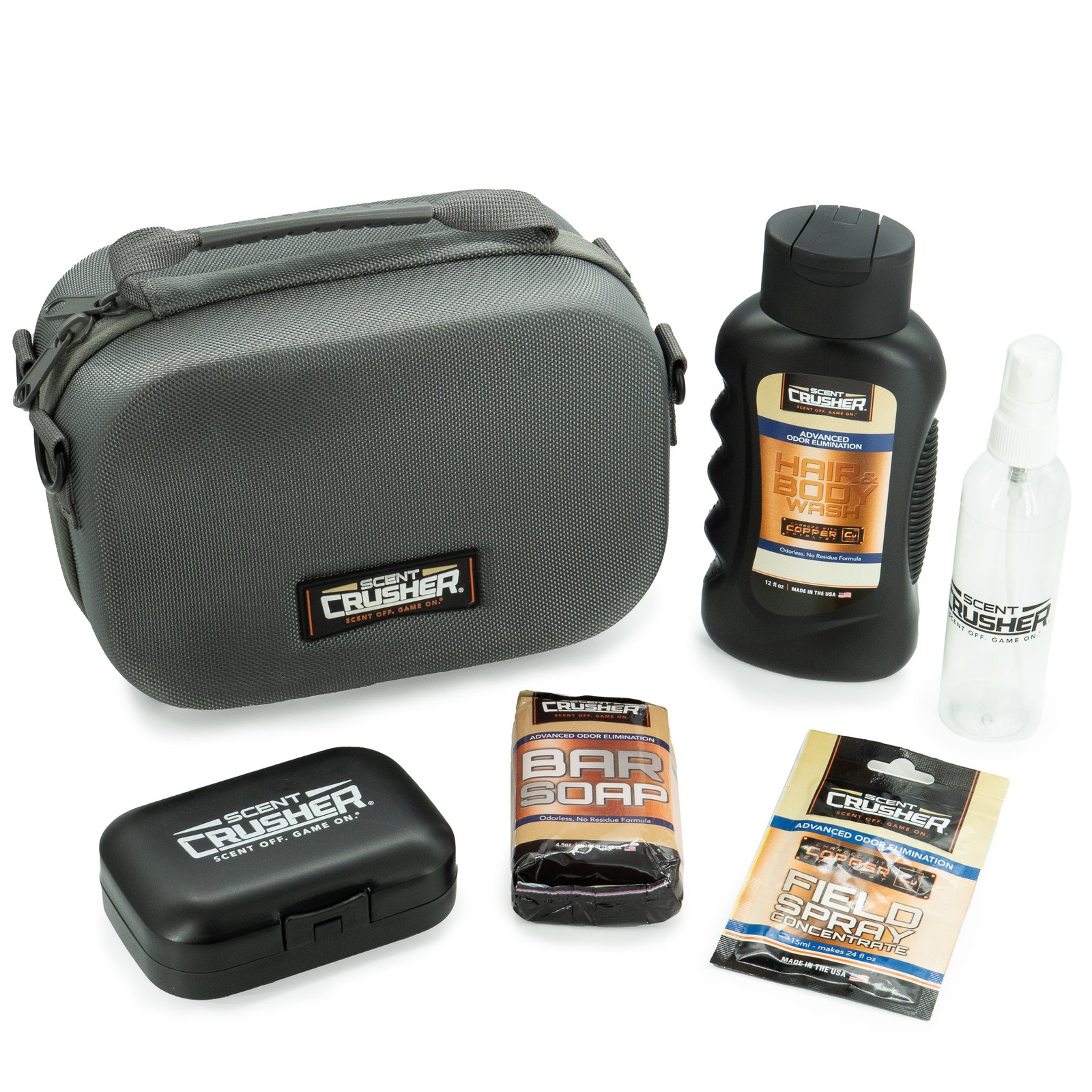 Scent Crusher Travel Kit, Includes: Body Wash, Soap, Field Spray, Bottle, & Case