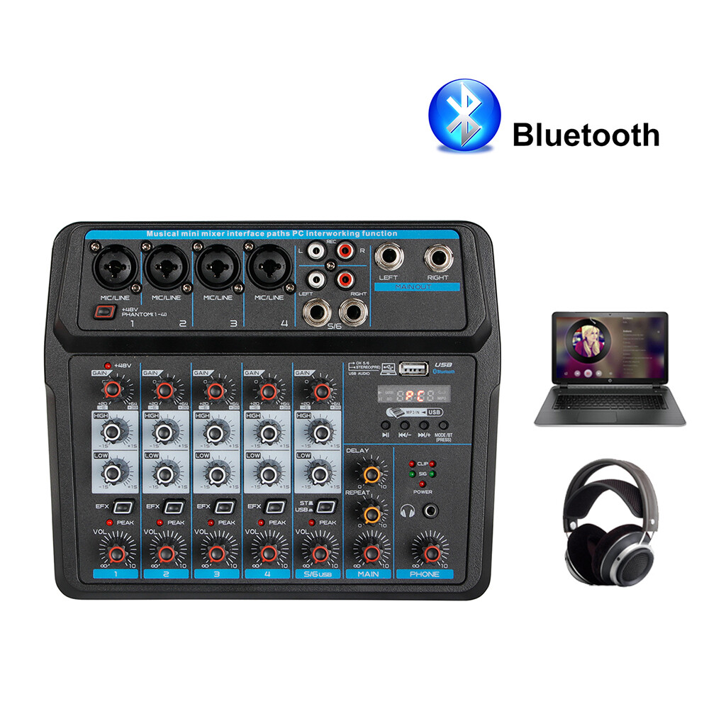 6Channel Live Audio Mixer Bluetooth USB DJ Sound Mixing Console Amplifier Studio