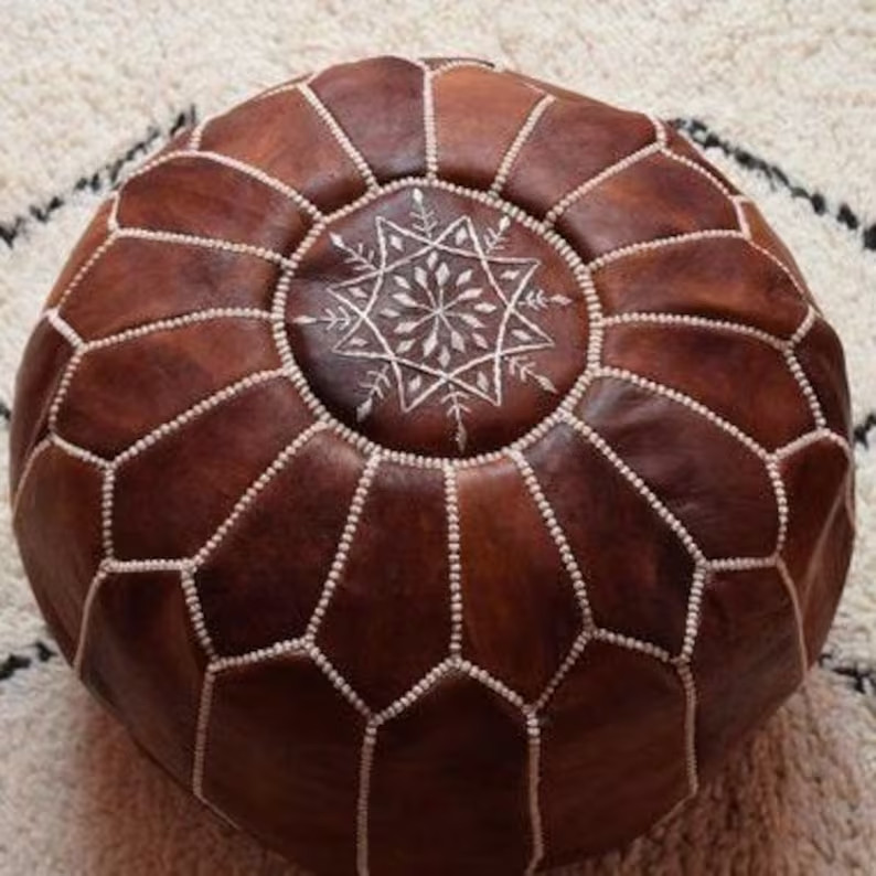 Vintage Brown Moroccan Leather Ottoman Footstool Bohemian Pouf New 24''Round