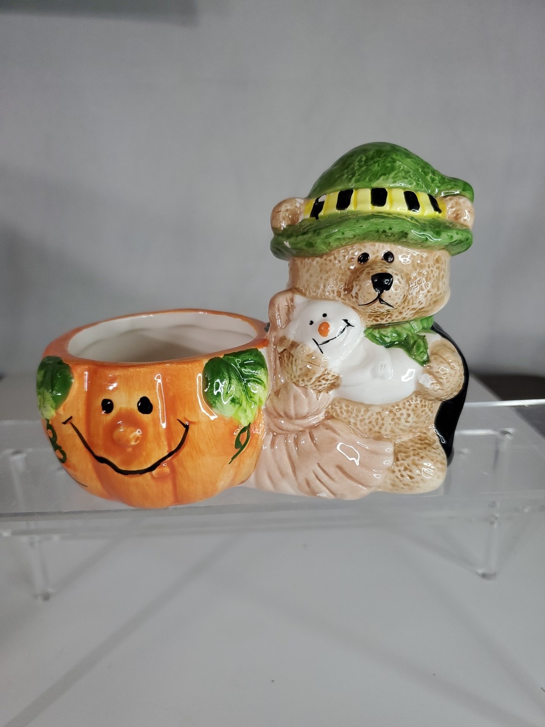 Halloween Witch Bear Holding Ghost Pumpkin Planter Ceramic Centerpiece Decor
