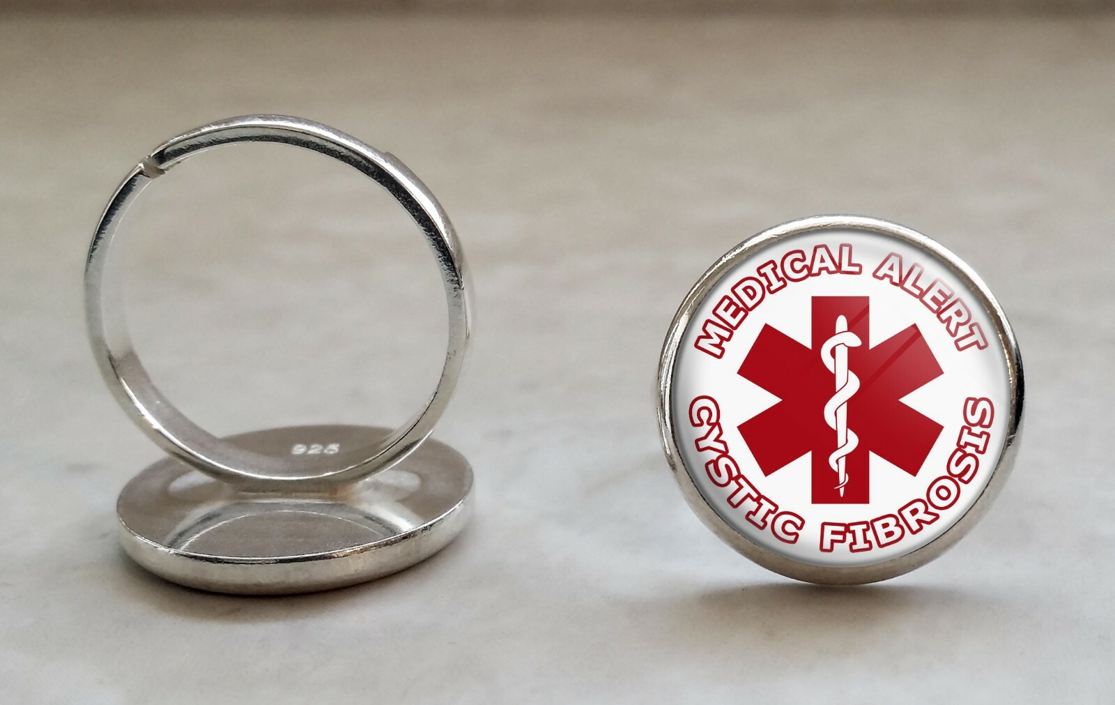 Cystic Fibrosis Medical Alert 925 Sterling Silver Adjustable Ring