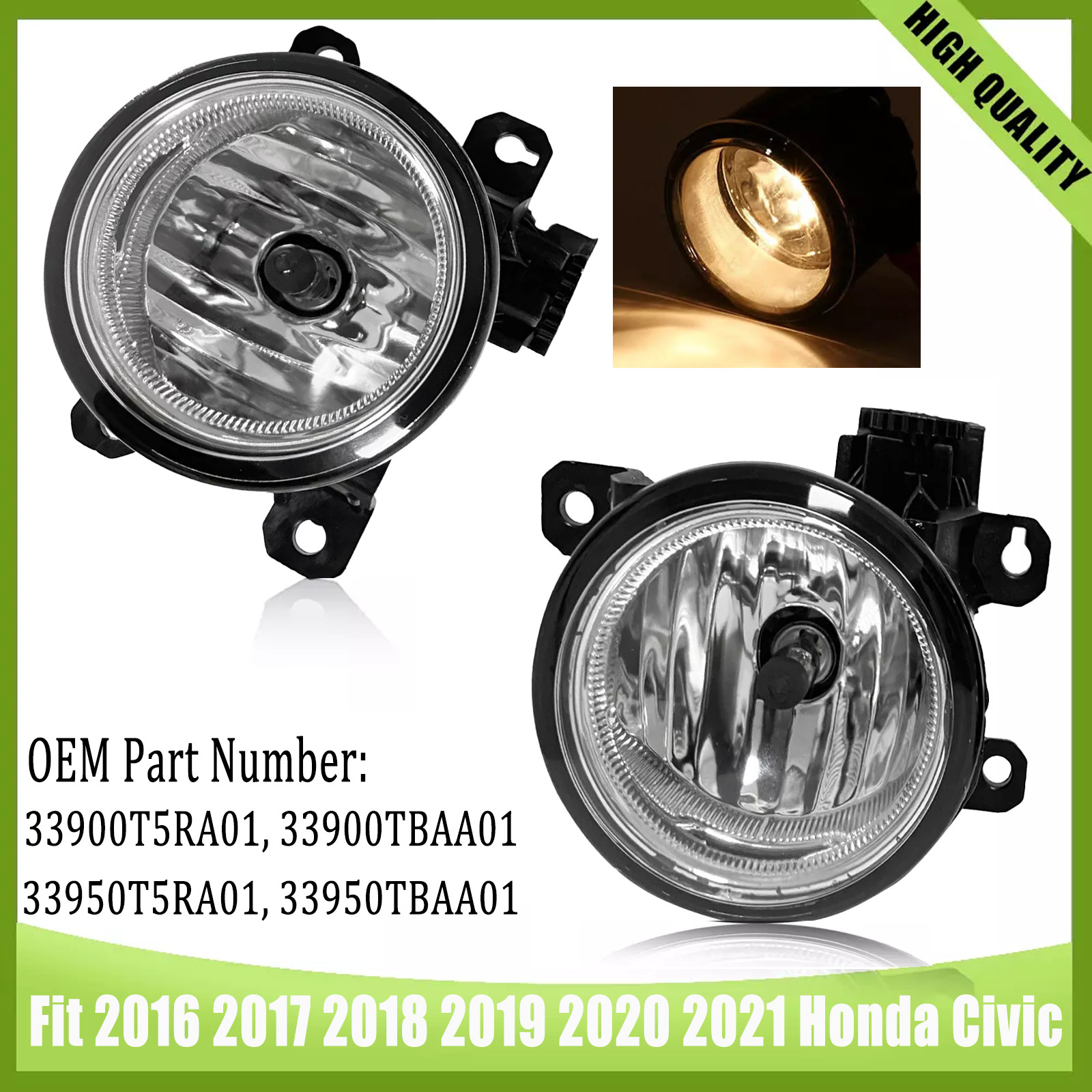 Bumper Fog Light Lamp Pair For Honda Civic 2016-2021 W/Bulbs HO2593143 HO2592143