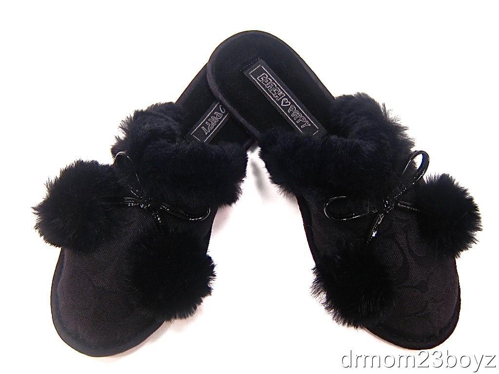 New NIB Coach Poppy Jayda Black Signature Fur Slippers w/ patent leather Women 6