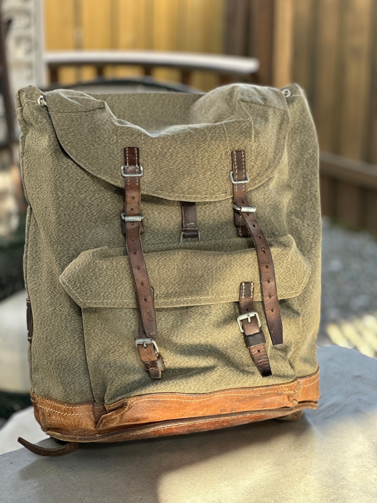 Vtg Swiss Army Military Backpack Rucksack Salt and Pepper Canvas & Leather