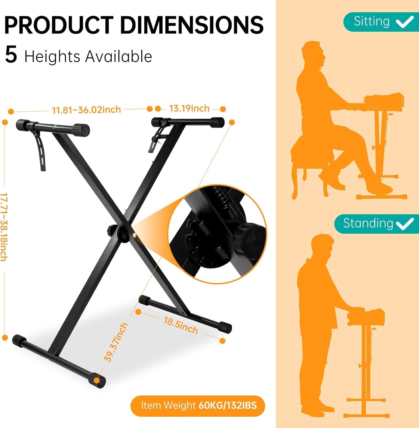 AODSK Single X Black Keyboard Stand Adjustable Height Width w/ Locking Straps