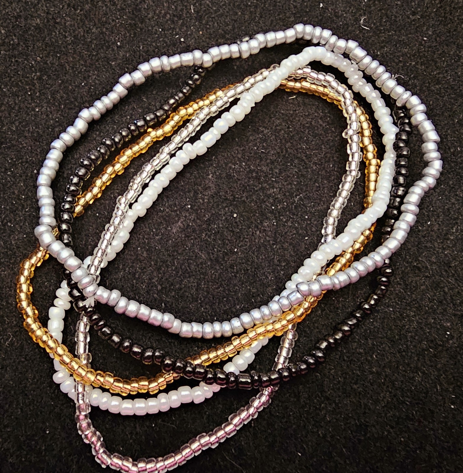 Handmade, 5 Pc, Black,White, Silver,Gold,Clear Beaded, 6-7" Bracelet, Stretch