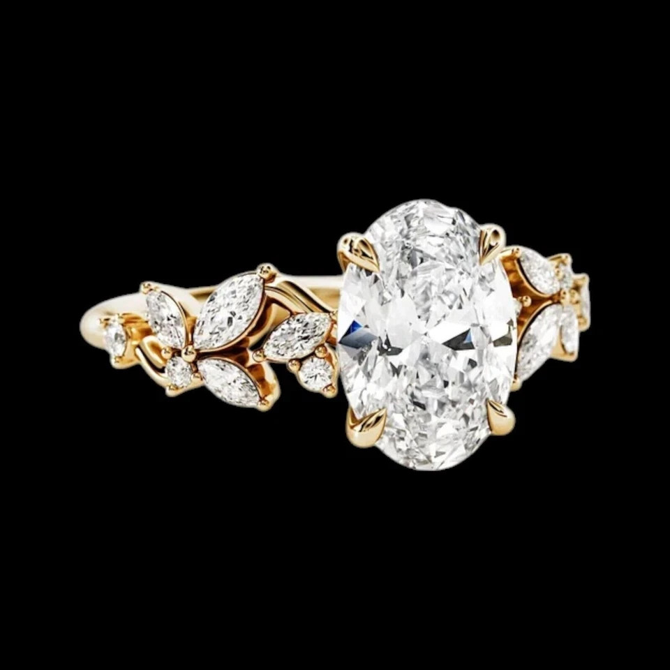 Oval Cut 3.10 Ct White Moissanite Prong Engagement Ring 14K Yellow Gold FN