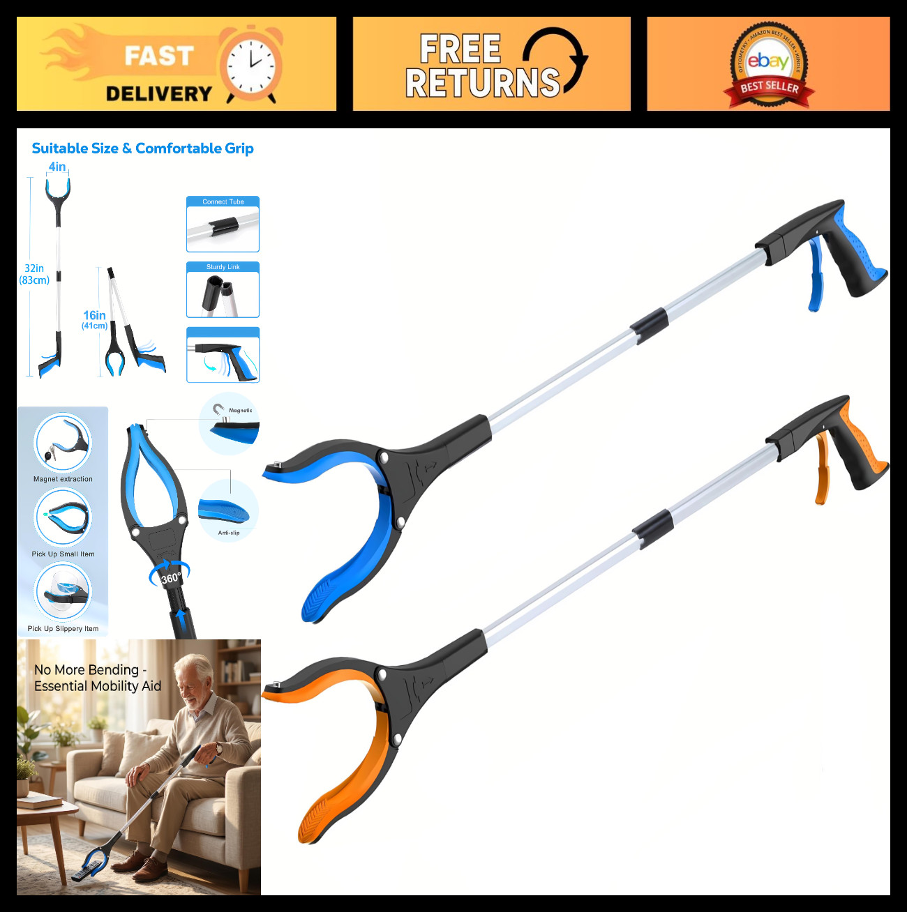 32" Grabber Reacher Tool 2-Pack, Foldable Trash Picker, 360° Rotating Jaw, Heavy