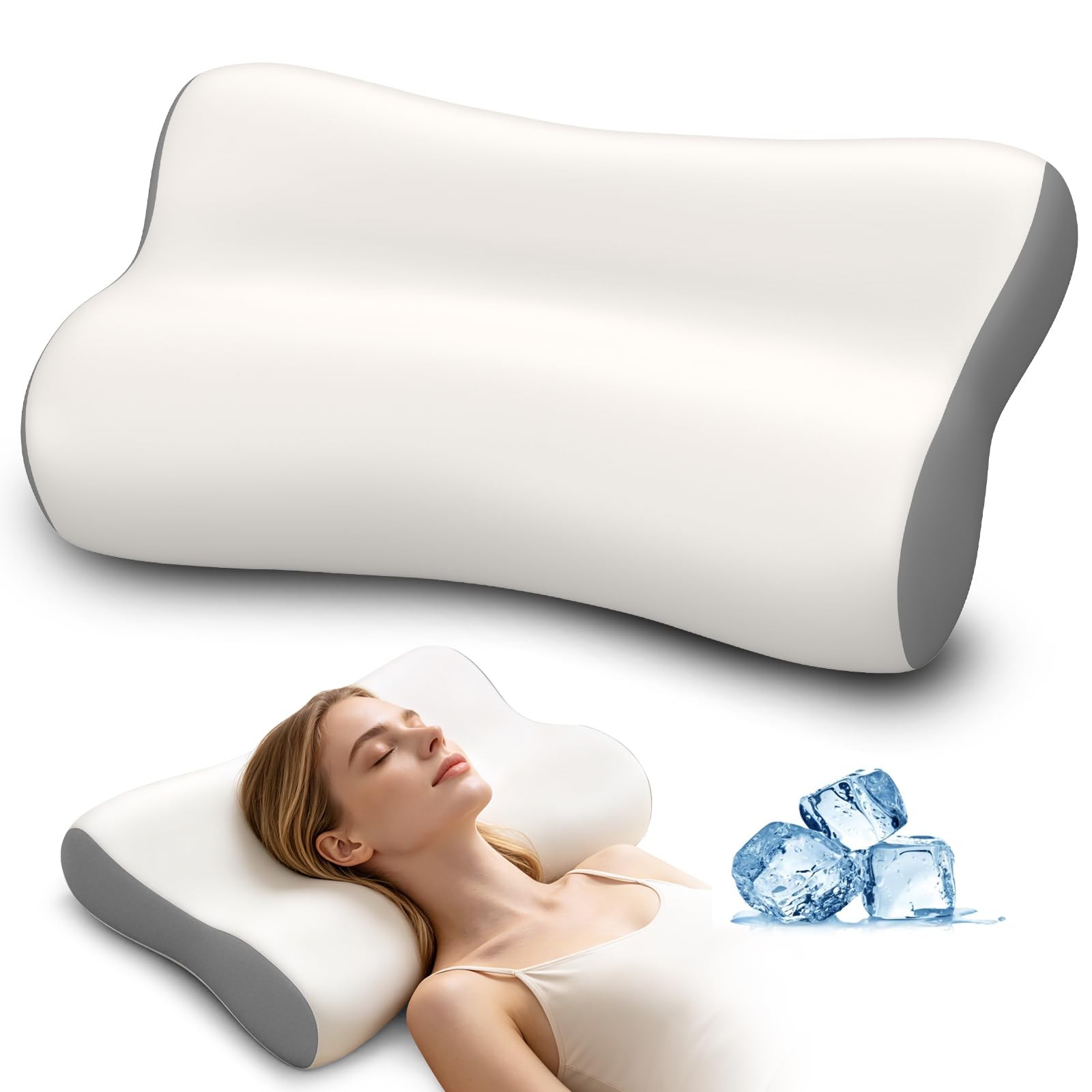 Polovo Cervical Neck Pillow - Ergonomic Side 25.2" x 15" x 5.1", White&grey