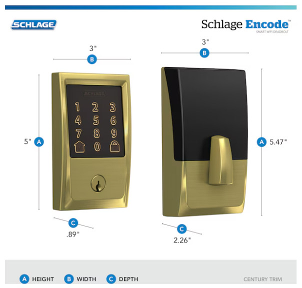 Schlage Encode Century Satin Brass Smart Wi-Fi and Bluetooth Touchscreen Keypad