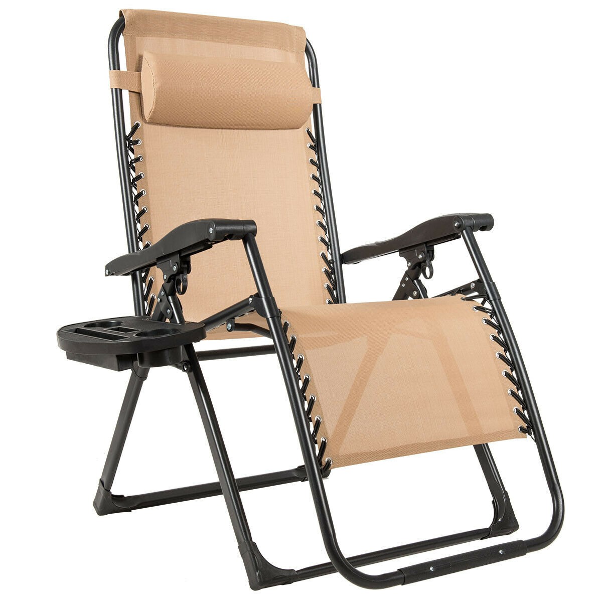 2PCS Folding Zero Gravity Lounge Chair Recliner w/ Cup Holder Pillow Beige