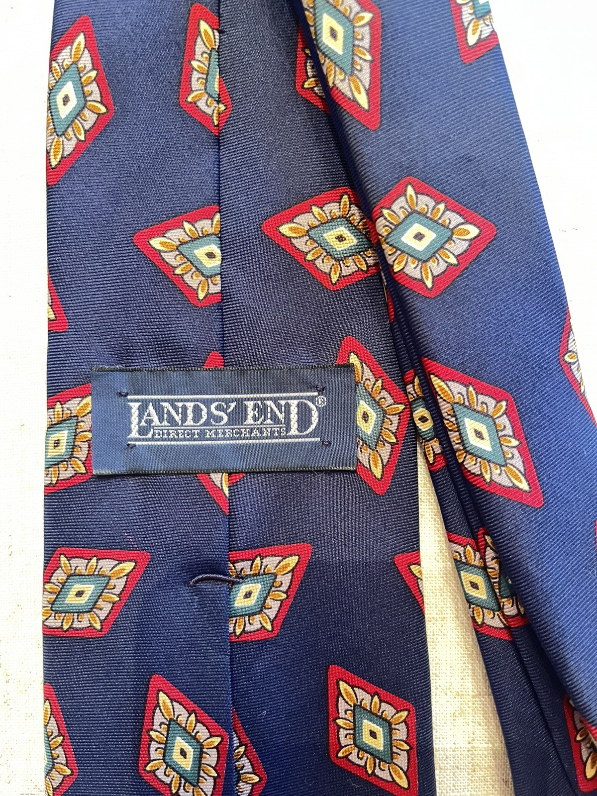 Men’s Lands’ End 100% Silk Tie Navy Geometric Pattern Hand Sewn USA