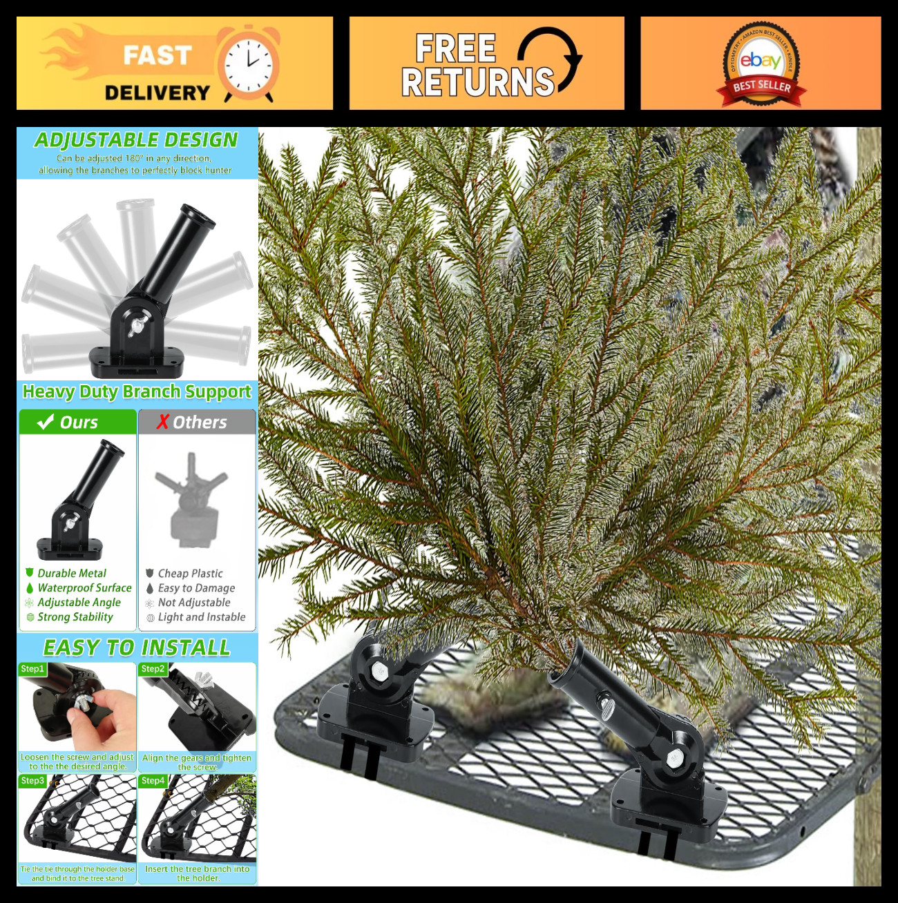 2 Pack Adjustable Metal Tree Stand Branch Holders - Waterproof Hunting Accessori