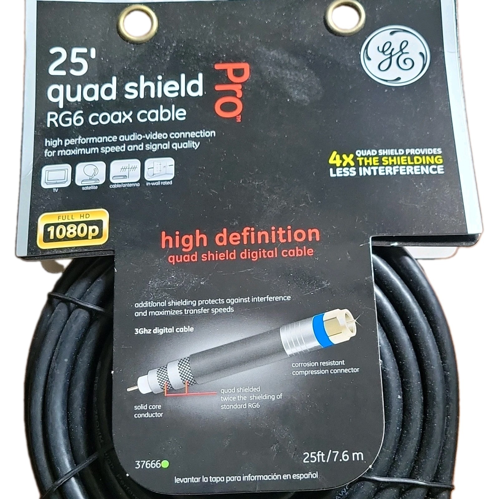 GE 25'/7.6M~Pro Quad Shield~High Definition~RG6 Coax Cable~Full 1080Hp~3GHZ~New