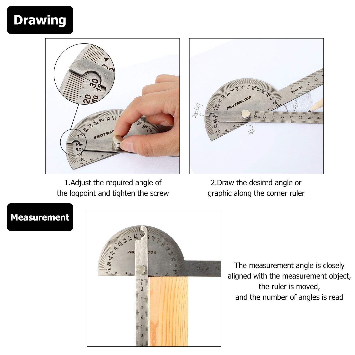 Angle Protractor Ruler Two Arm Stainless Steel Protractor Woodworking Ruler M...