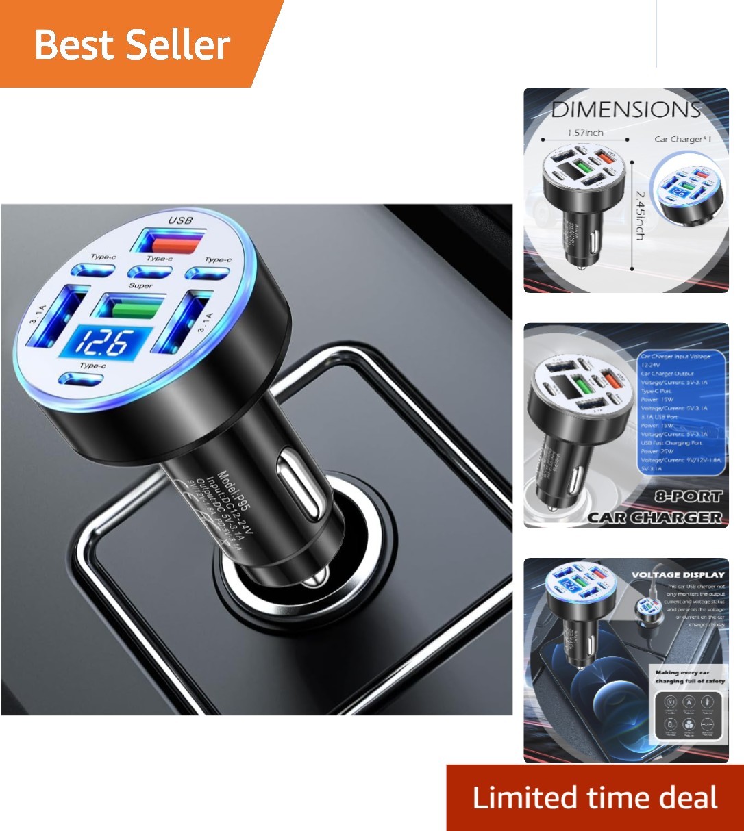 Versatile 8-Port Car Charger Adapter with Voltage Display & Flexible Light