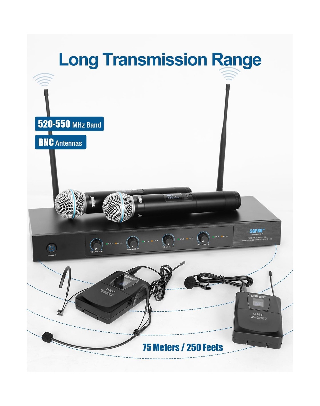 SGPRO 4-Channel Wireless Microphone System - 250Ft Range, Metal Mics & Receiv...